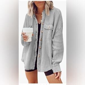 Chouyatou Women's Loose Fit Batwing Sleeve Waffle Knit Button Down Shirt Shacket